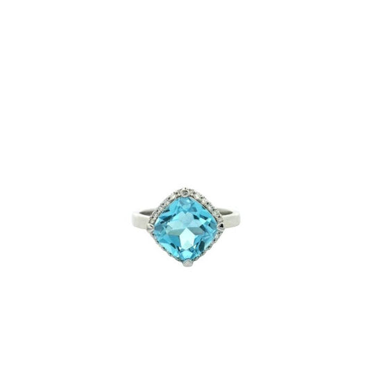 Lisa Nik 18k White Gold Cushion Cut Swiss Blue Topaz Diamond Halo Ring