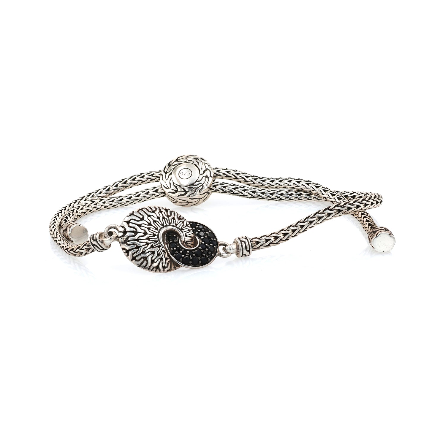 John Hardy Sterling Silver Hammered Design Black Sapphire and Spinel Pull Through Bracelet