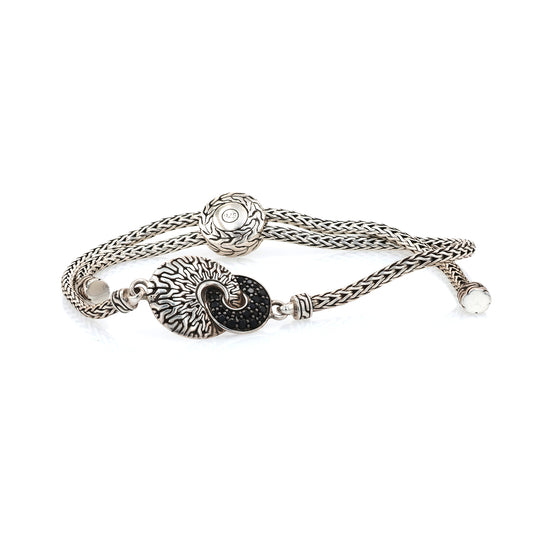 John Hardy Sterling Silver Hammered Design Black Sapphire and Spinel Pull Through Bracelet