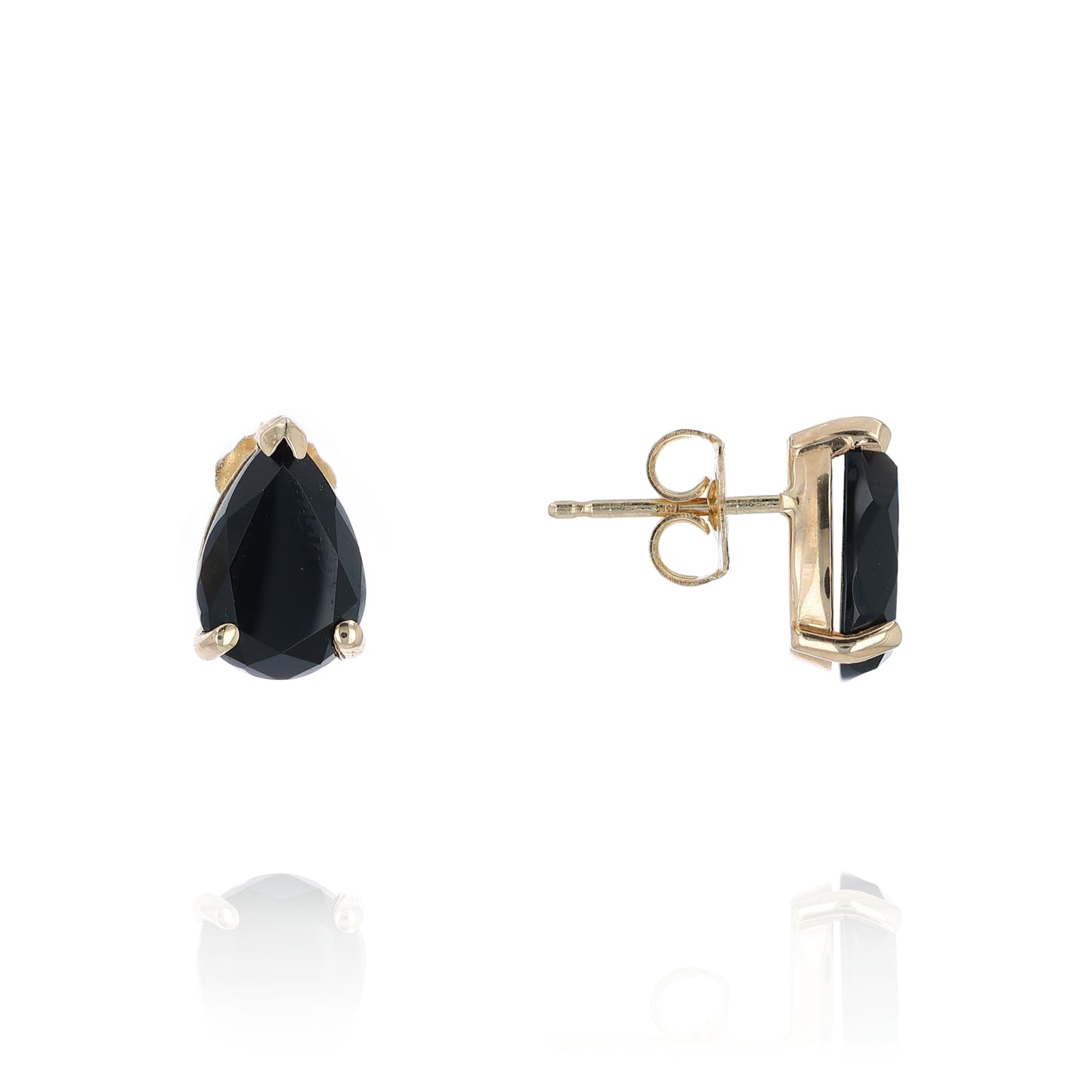 Gold earrings with pear shape faceted black onyx on a white background
