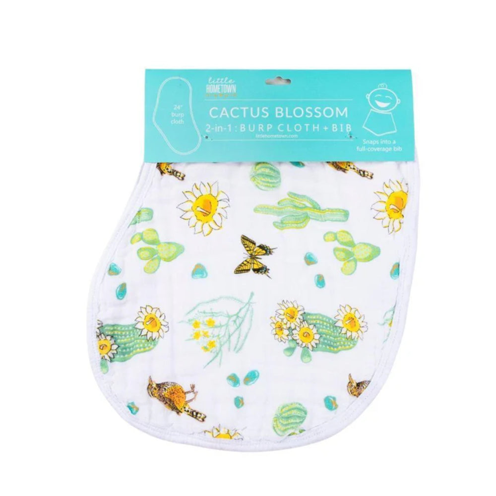 Burp cloth with cactus and flower pattern on a white background