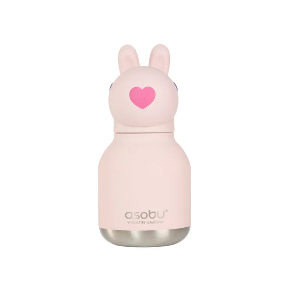Pink water bottle with bunny design and heart on a white background