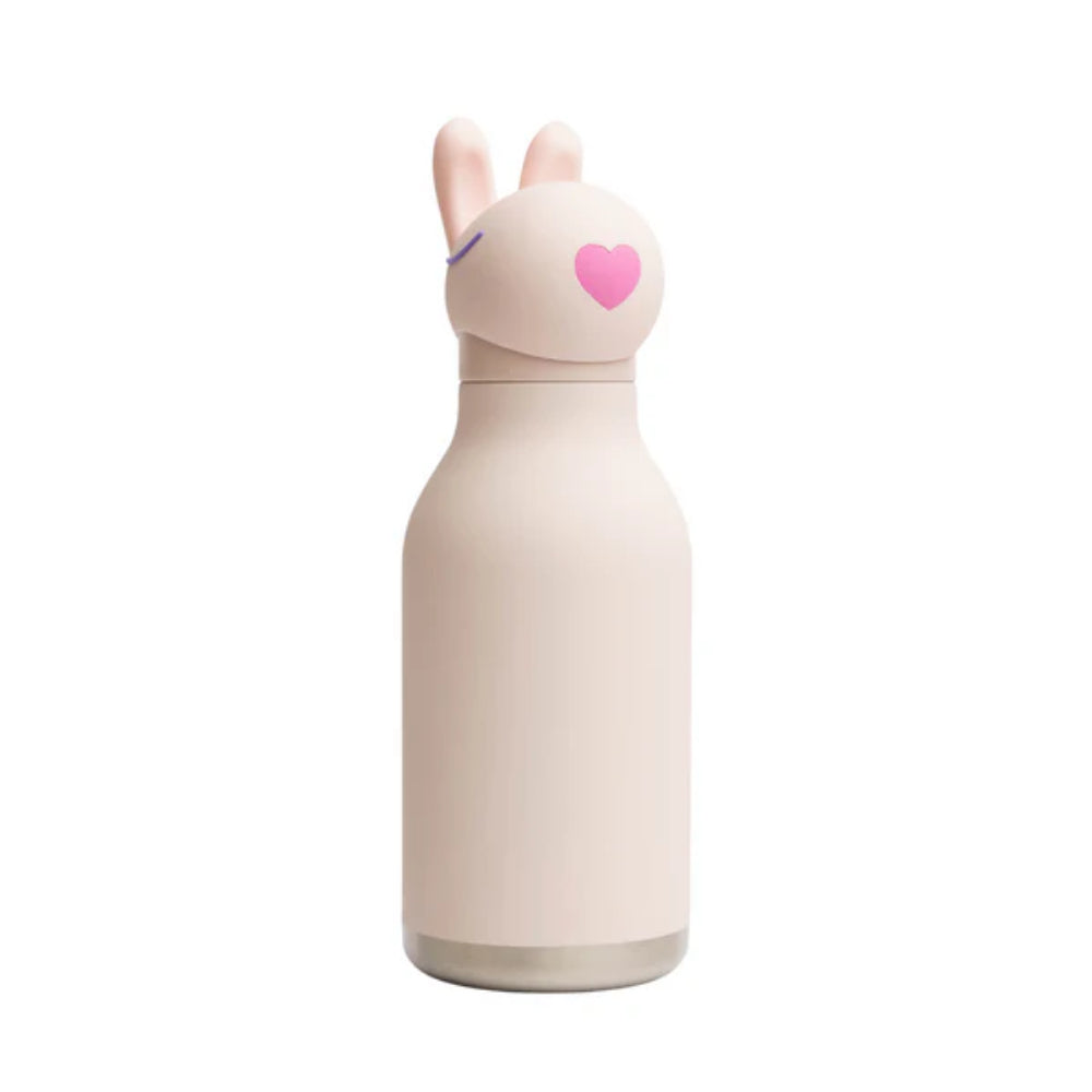 Beige water bottle with a rabbit design on a white background