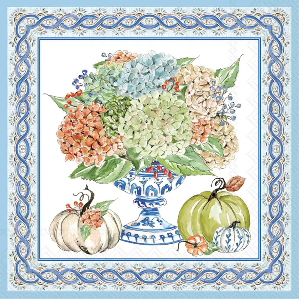 Decorative panel with flowers and pumpkins on a light blue background