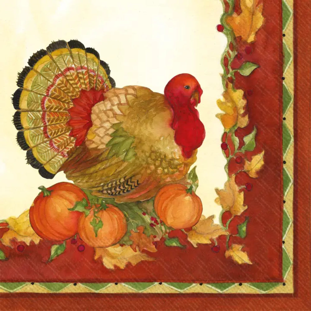 Decorative paper napkin with a turkey and pumpkins design on a red border.