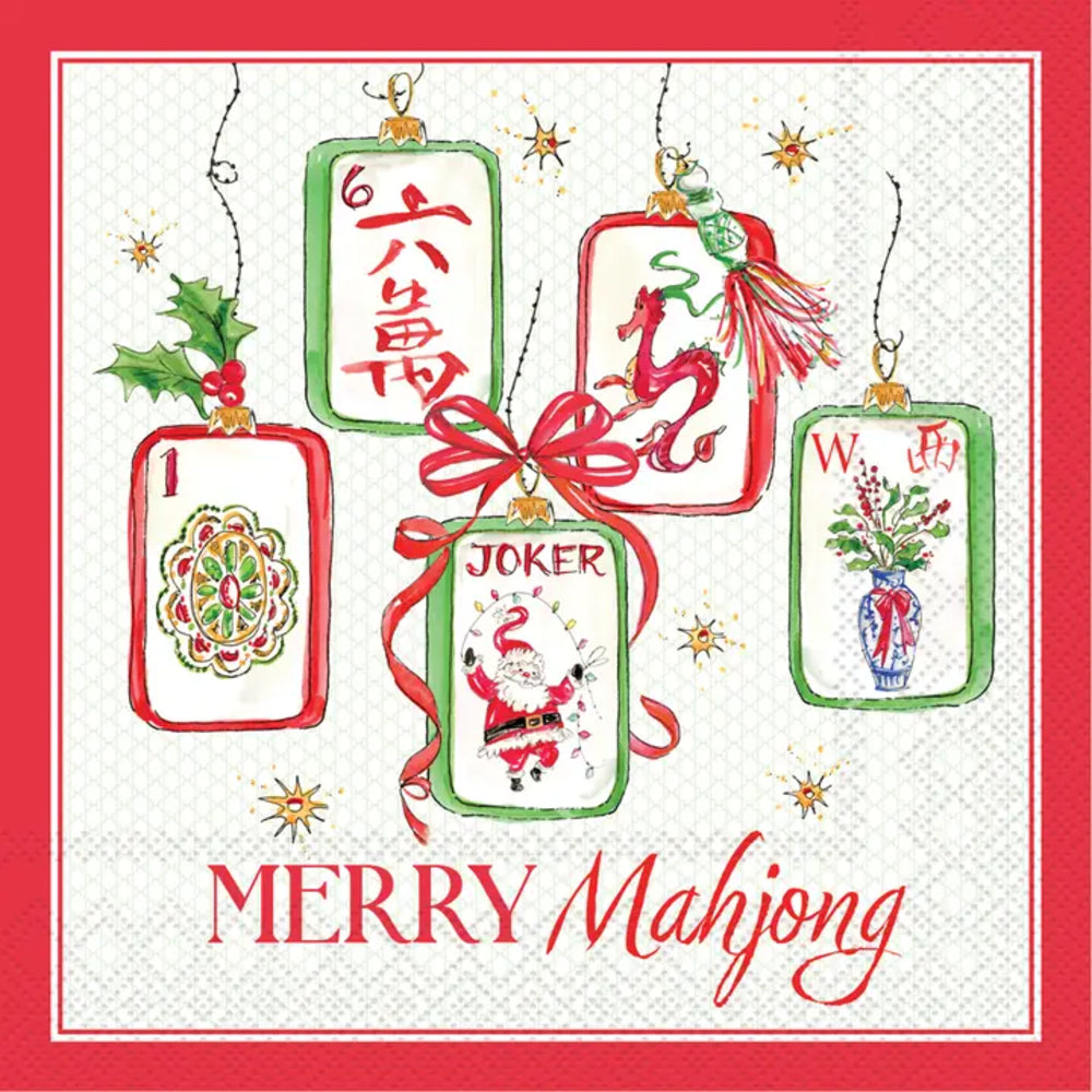 A square decorative card or print with a red border and the words “MERRY Mahjong” at the bottom. Five hanging ornament tags with red and green borders are illustrated above, including one with a joker illustration and others with symbols and decorative motifs.