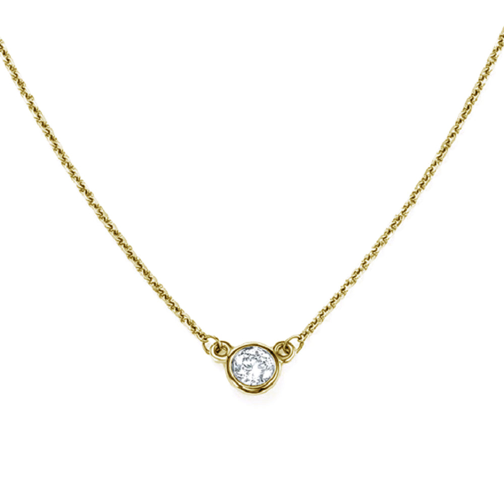Yellow gold diamonds by the yard solitaire pendant necklace on a white background