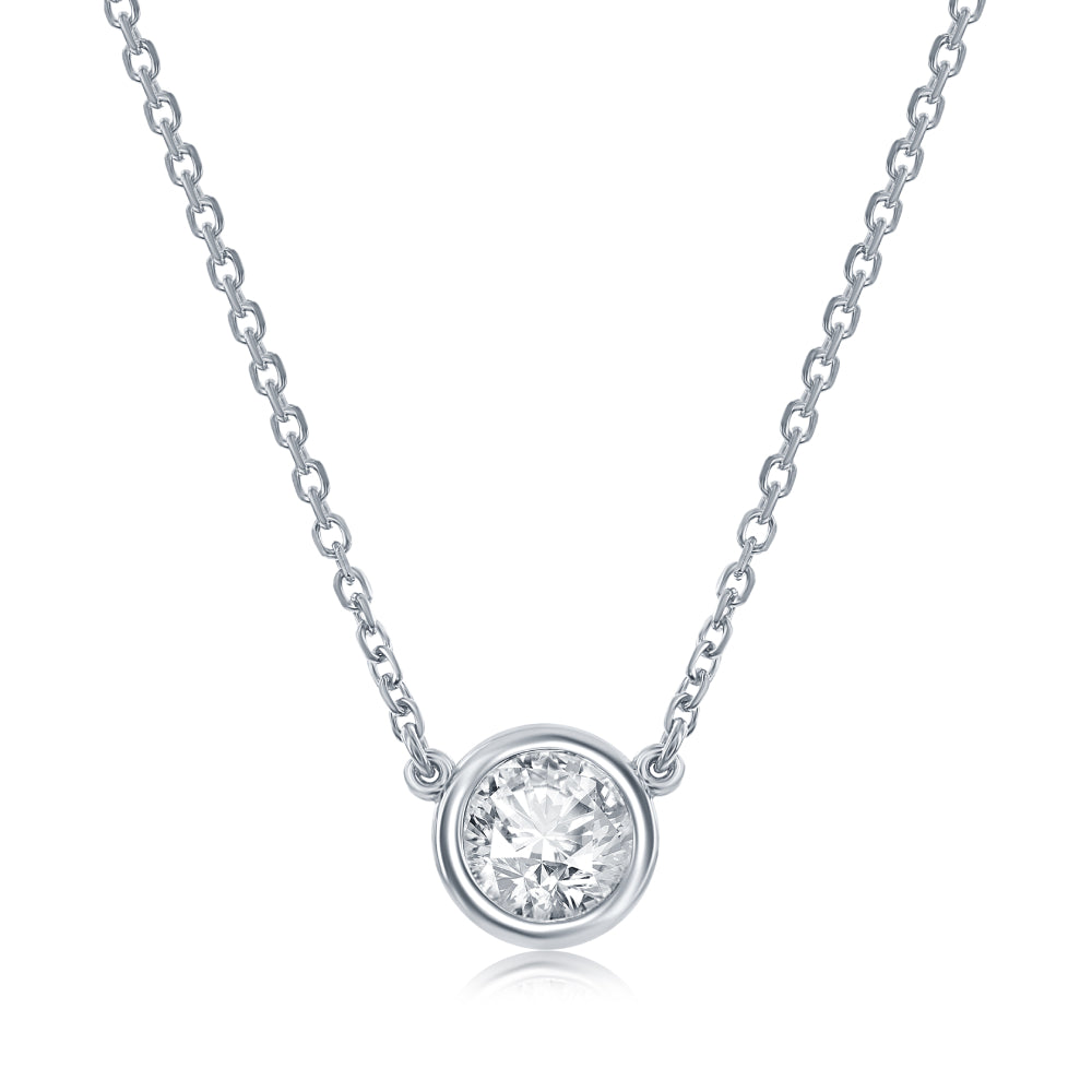 White gold diamonds by the yard solitaire pendant necklace on a white background
