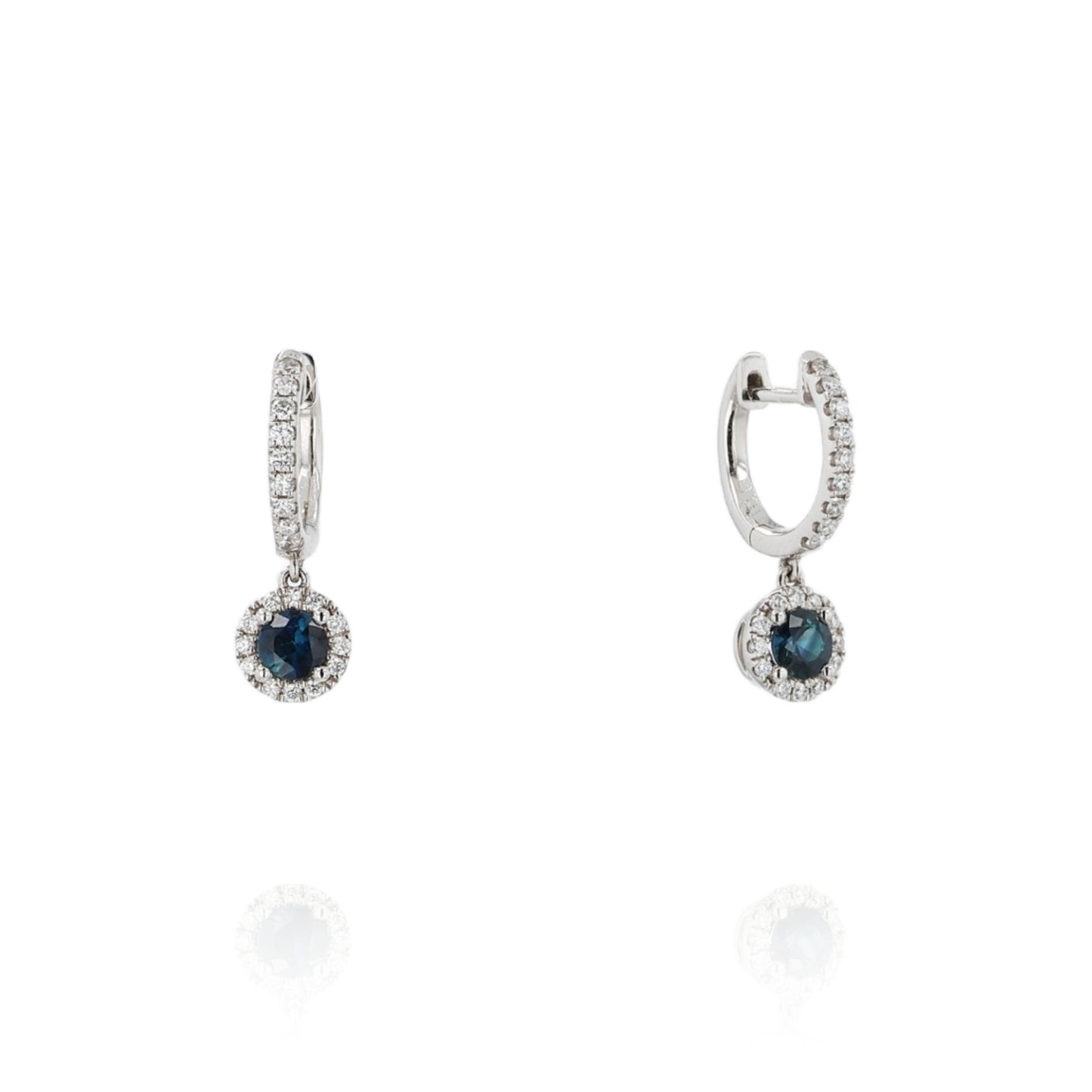 14k White Gold Sapphire and Diamond Halo Hoop Drop Earrings