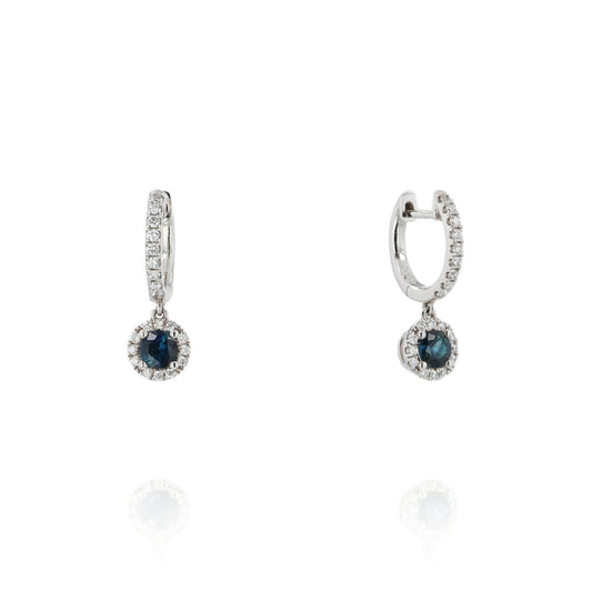 14k White Gold Sapphire and Diamond Halo Hoop Drop Earrings