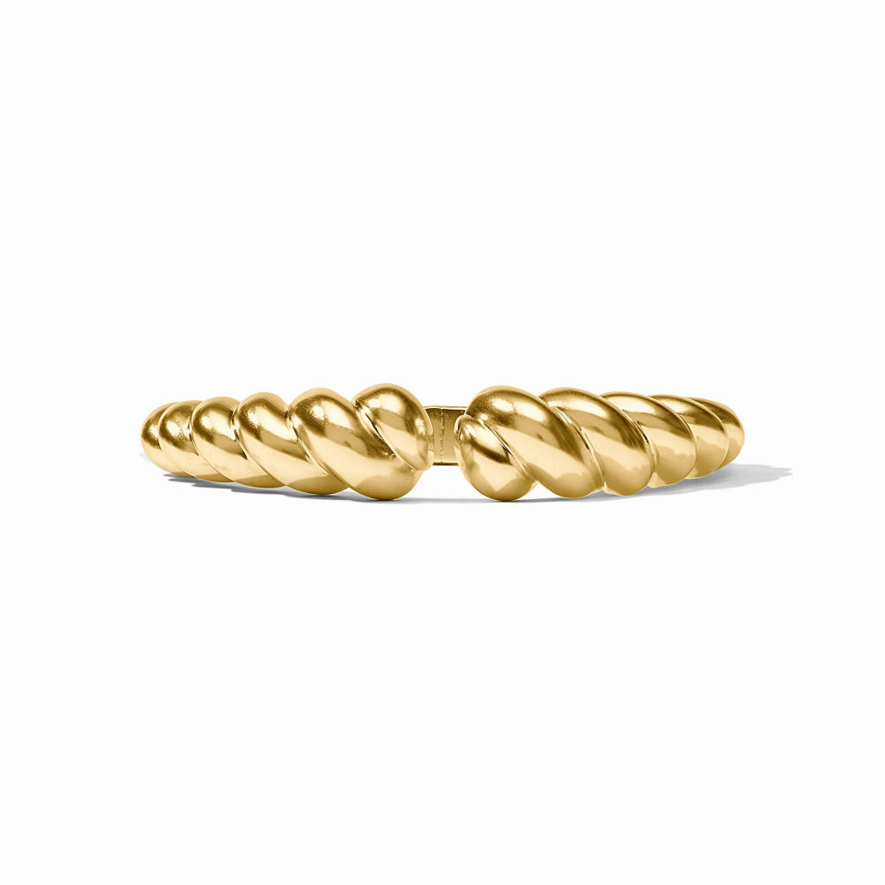A polished gold bangle bracelet with a textured, twisted rope-like design, displayed horizontally on a clean white background.