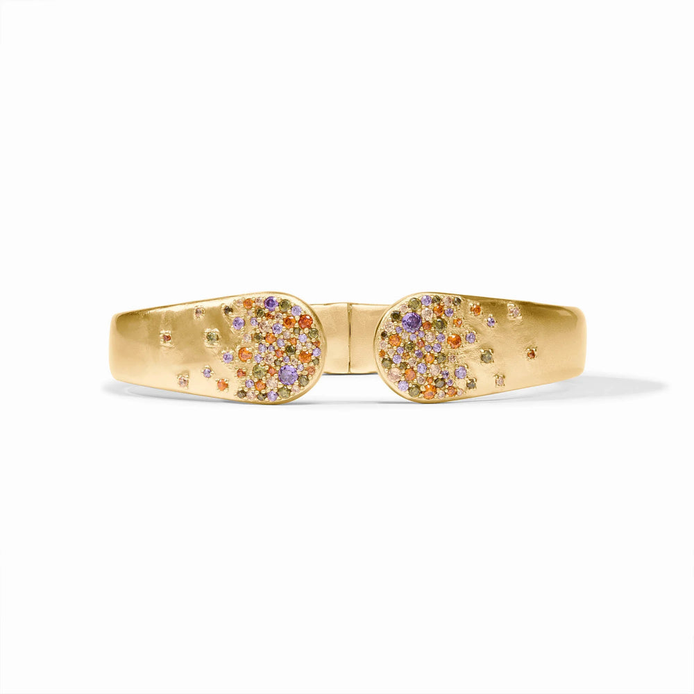Gold bracelet with colorful gemstones on a white background