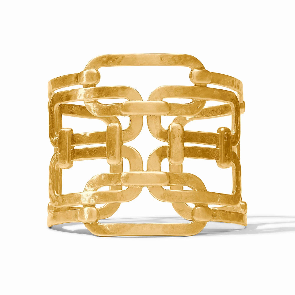 A chunky gold chain-link cuff bracelet with a hammered texture, displayed on a clean white background.