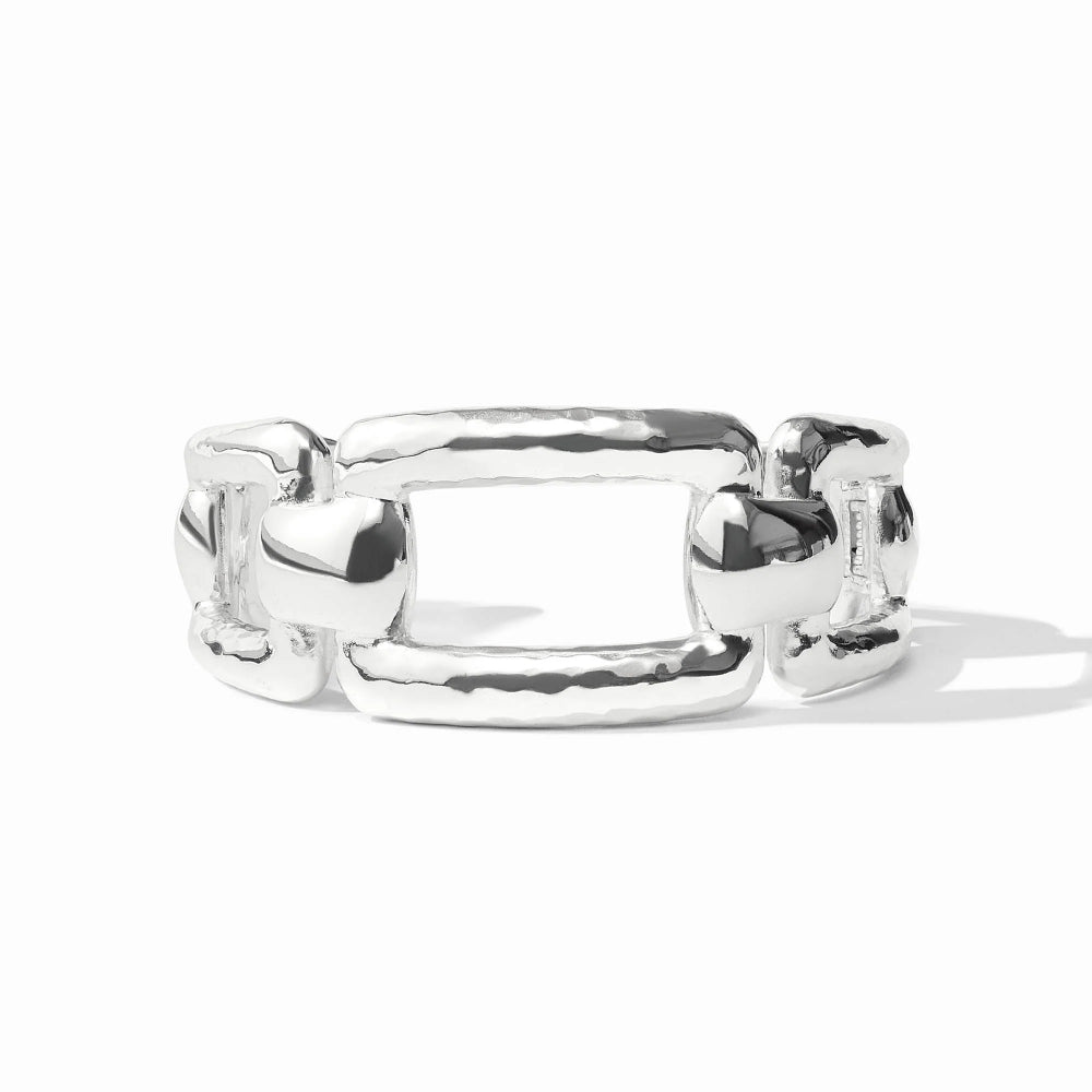 Silver bracelet with a geometric design on a white background
