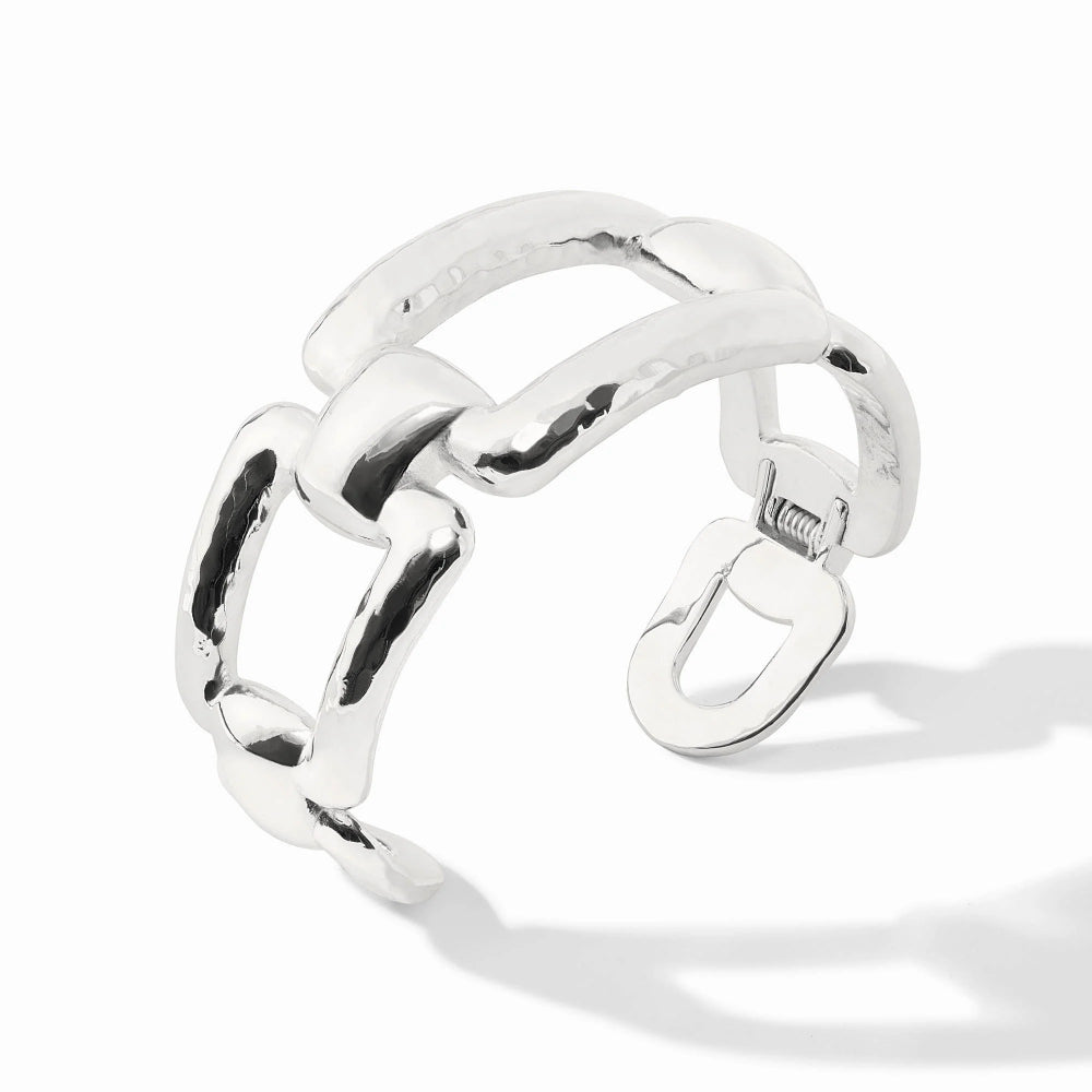 Silver bracelet with a unique design on a white background