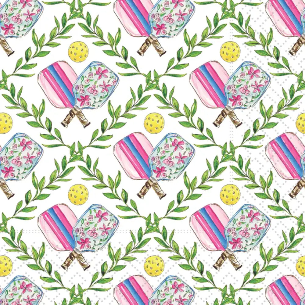 A repeating watercolor-style pattern featuring popsicle-shaped ice cream bars with pink and blue stripes and floral designs, surrounded by green leafy branches and small yellow dotted circles on a white background.