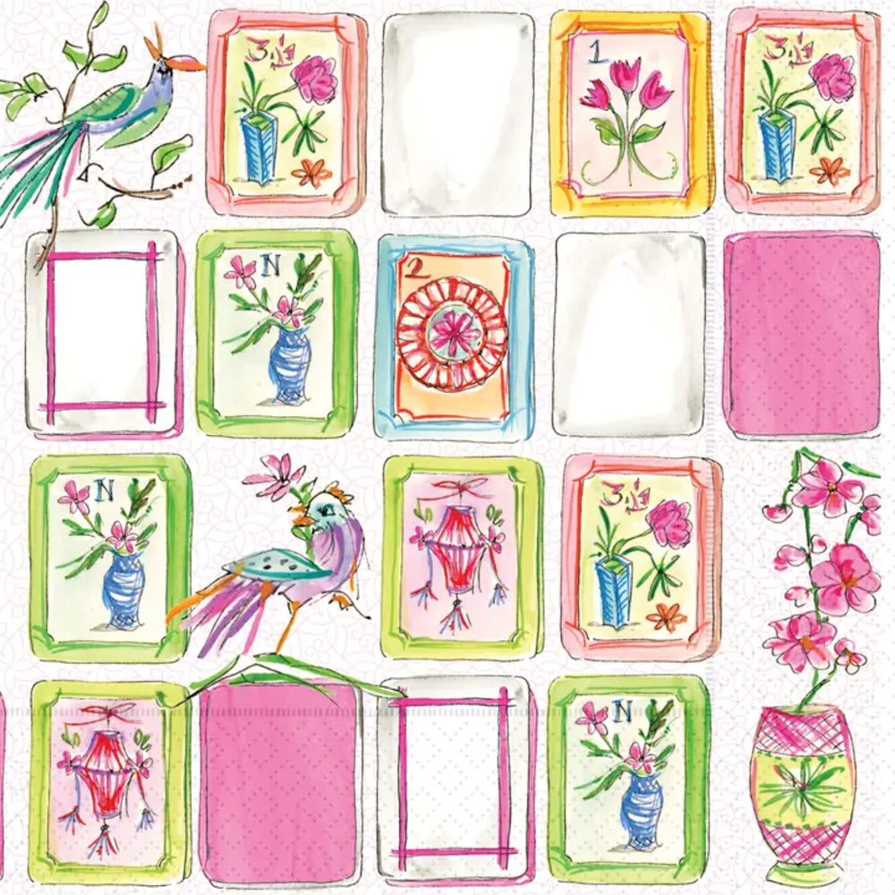 Colorful illustrated cards with flowers, birds, and abstract designs on a white background.