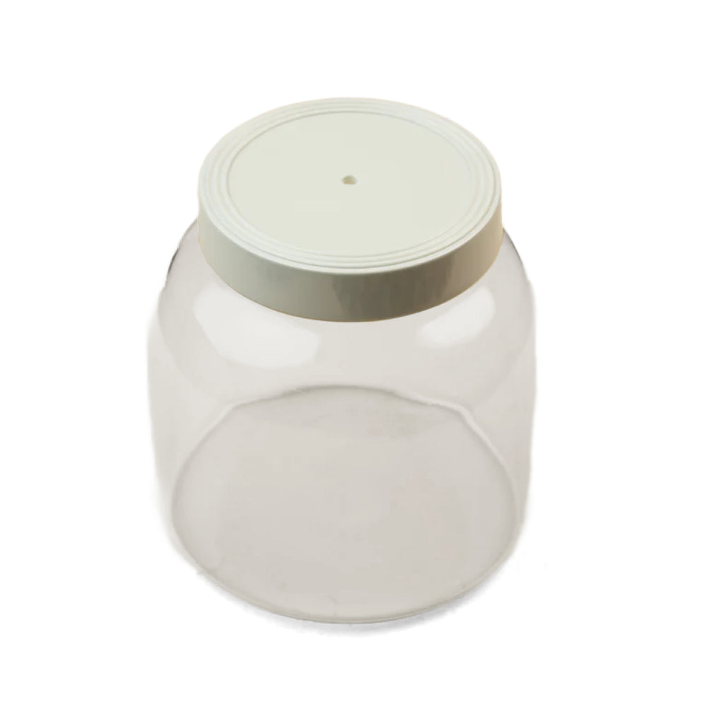 Clear plastic jar with a white lid on a white background.
