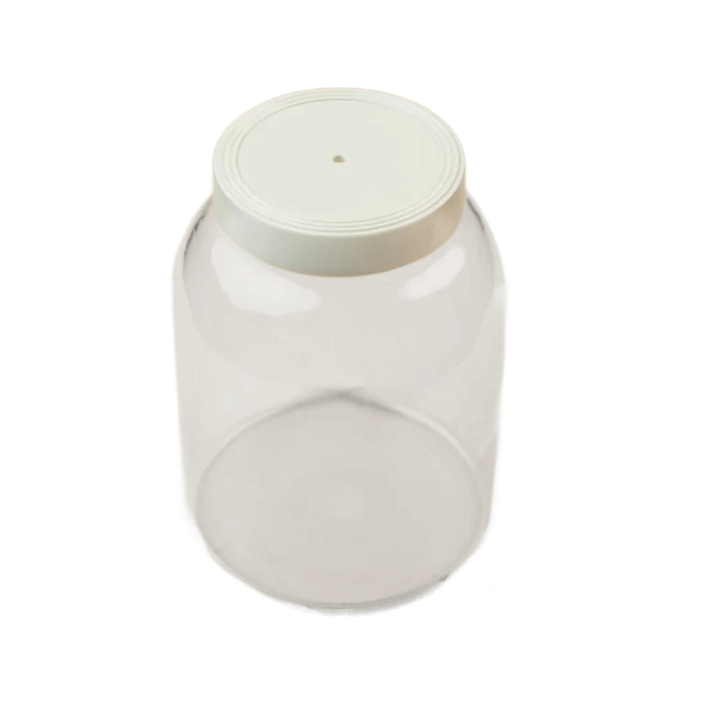 Clear plastic jar with a white lid on a white background.
