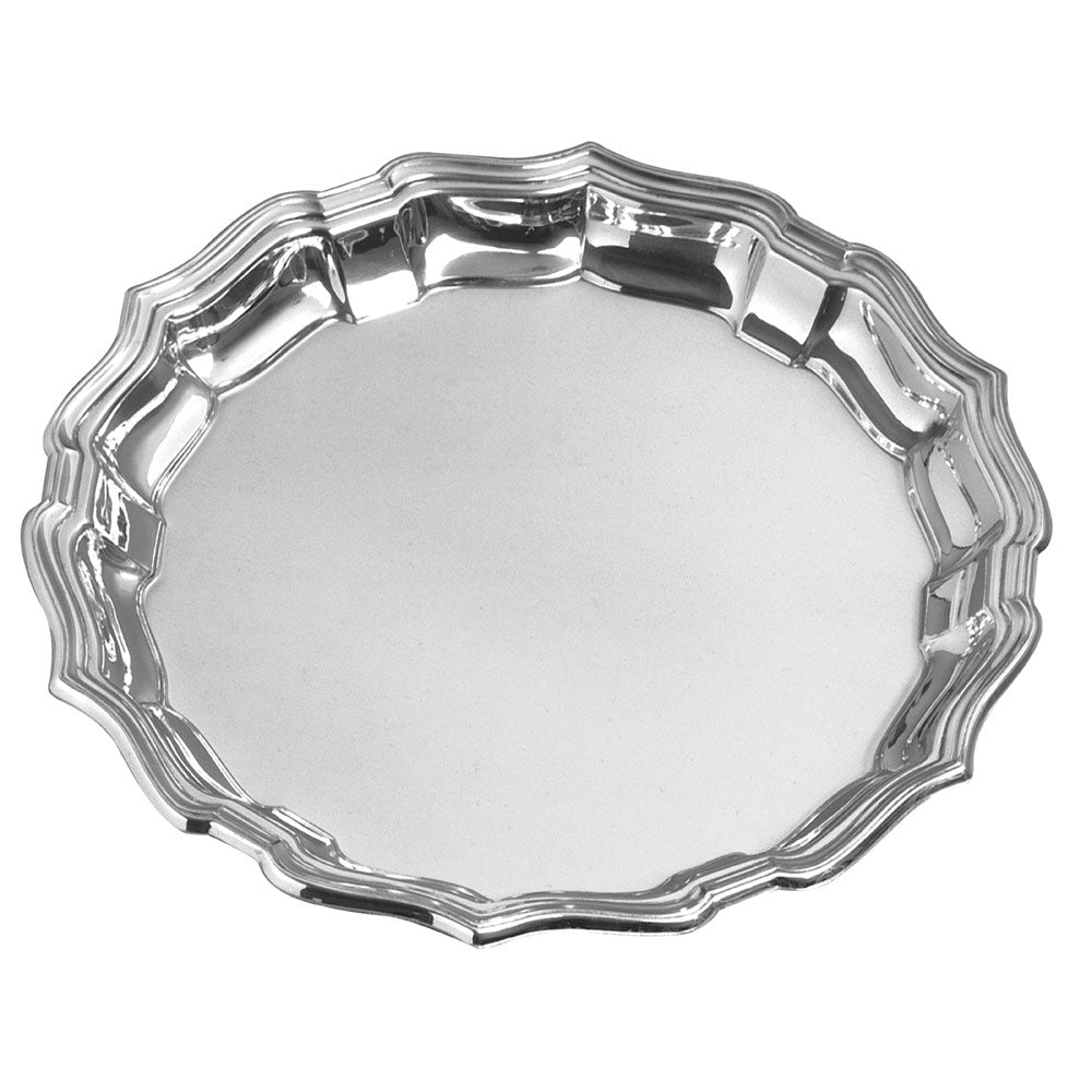 Silver Chippendale Tray with decorative edge on a white background.