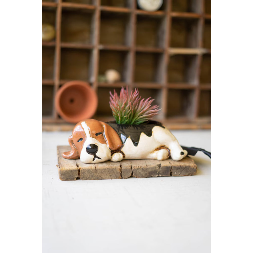Dog-shaped planter with succulent on a wooden block against a wooden shelf background