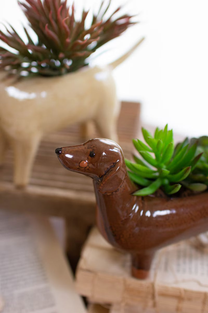 Brown ceramic dog-shaped planter with succulents on a blurred background