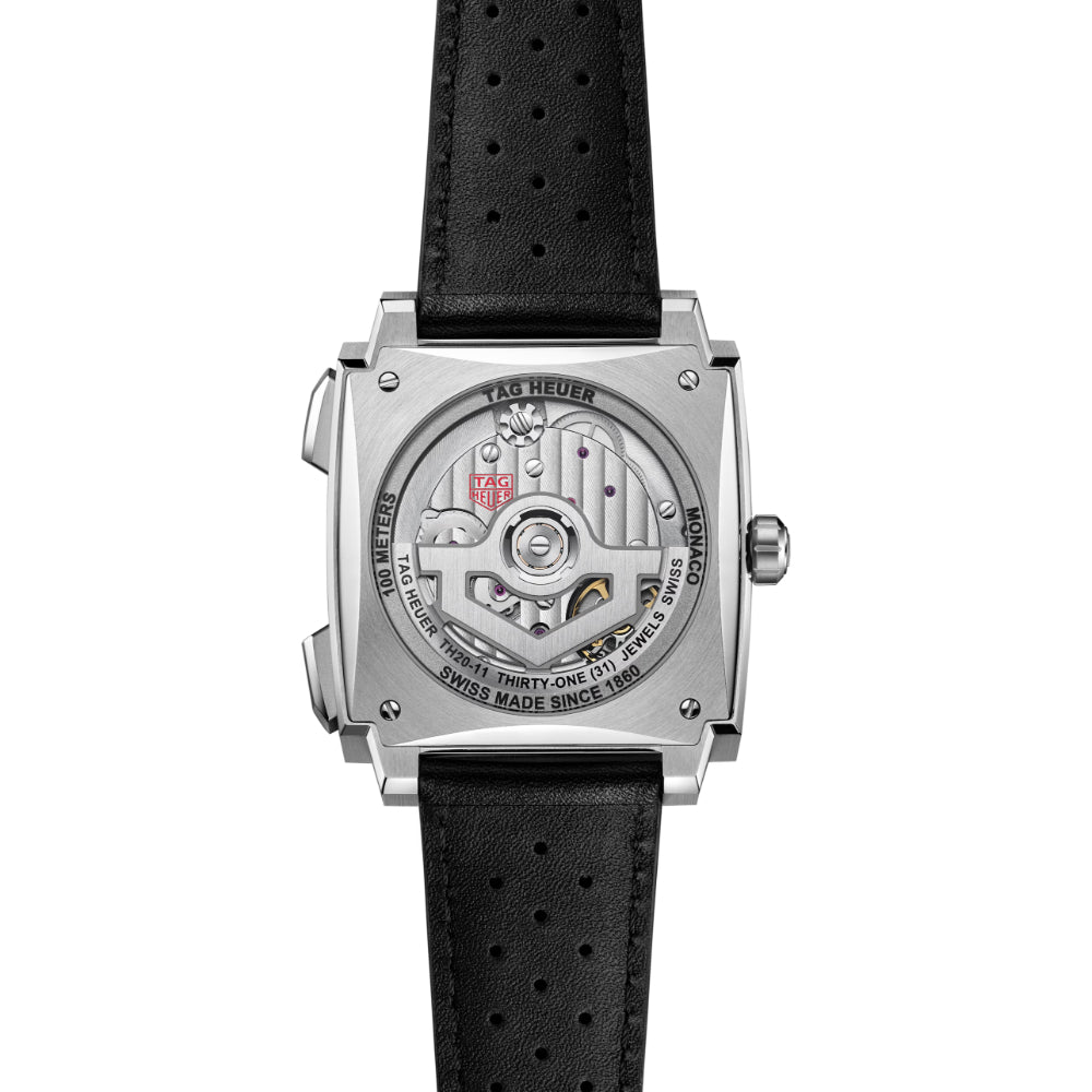 Watch with black strap and visible brand logo on a white background