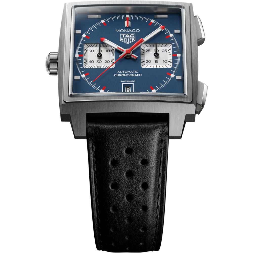Monaco watch with blue face and black leather strap on a white background