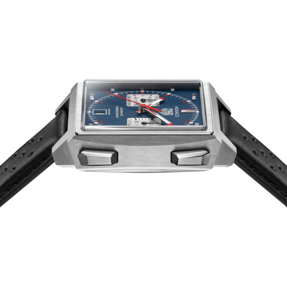 Watch with a black strap and blue face on a white background
