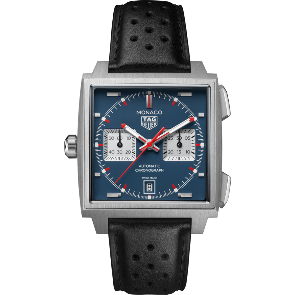 Tag Heuer Monaco watch with black leather strap and blue dial on a white background