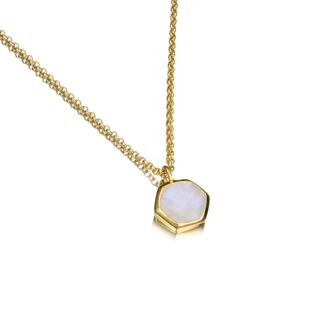 Gold necklace with a hexagonal pendant on a white background
