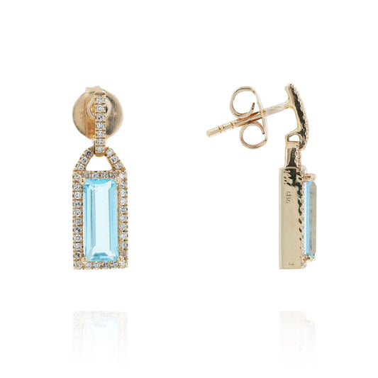 14k Gold Blue Topaz and Diamond Halo Drop Earrings