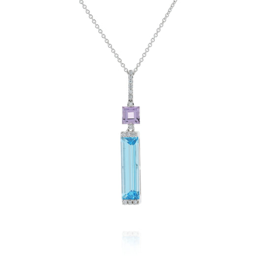 14k Gold Amethyst, Blue Topaz and Diamond Bar Pendant Necklace