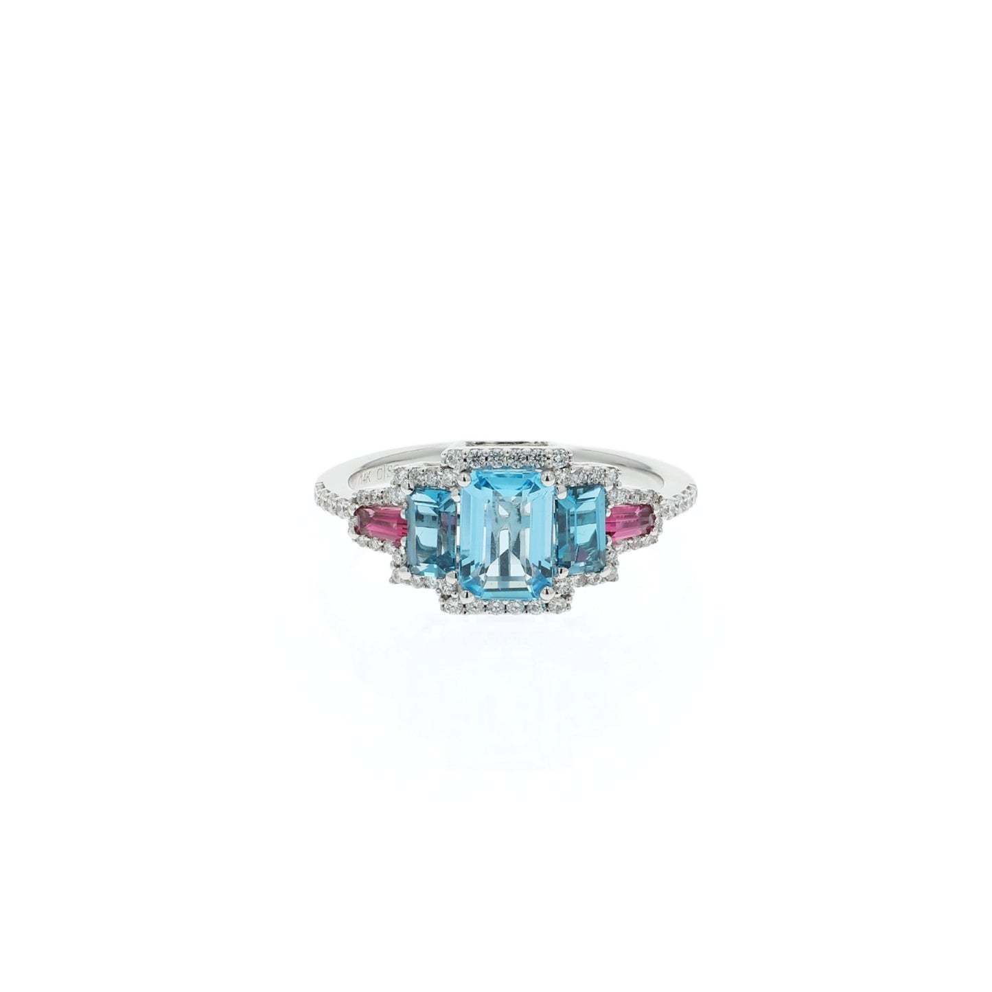 14k Gold Blue Topaz, Pink Tourmaline and Diamond Halo Ring