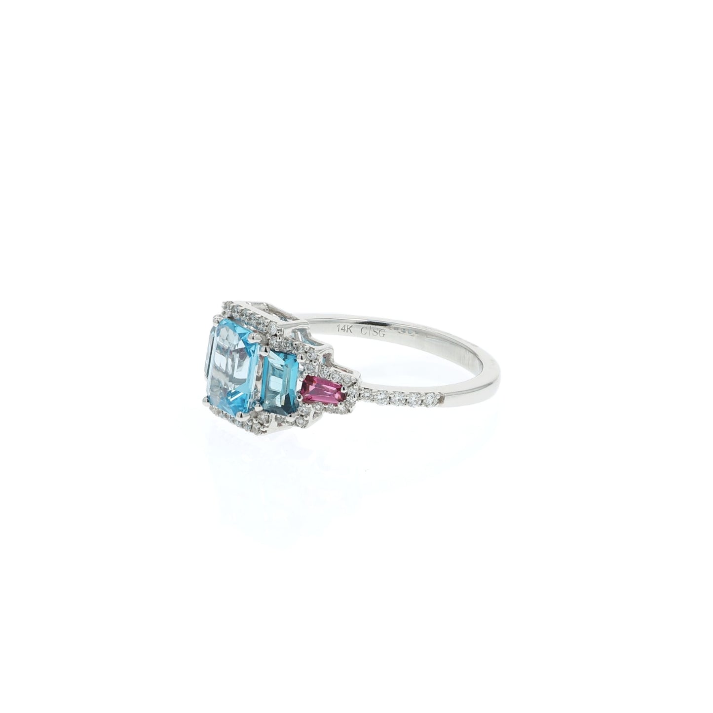 14k Gold Blue Topaz, Pink Tourmaline and Diamond Halo Ring