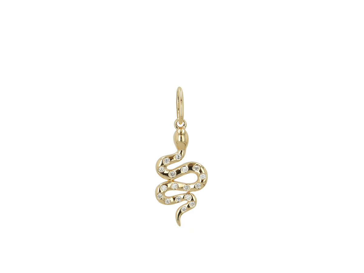 A gold snake pendant charm with small clear stones set along its body, shown against a plain white background.