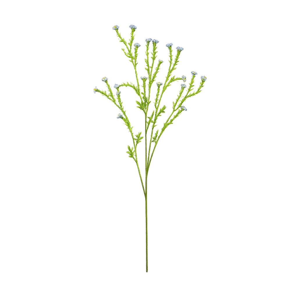 An artificial green flower stem with multiple branches, small light blue blossoms, and delicate green leaves, isolated on a solid white background.