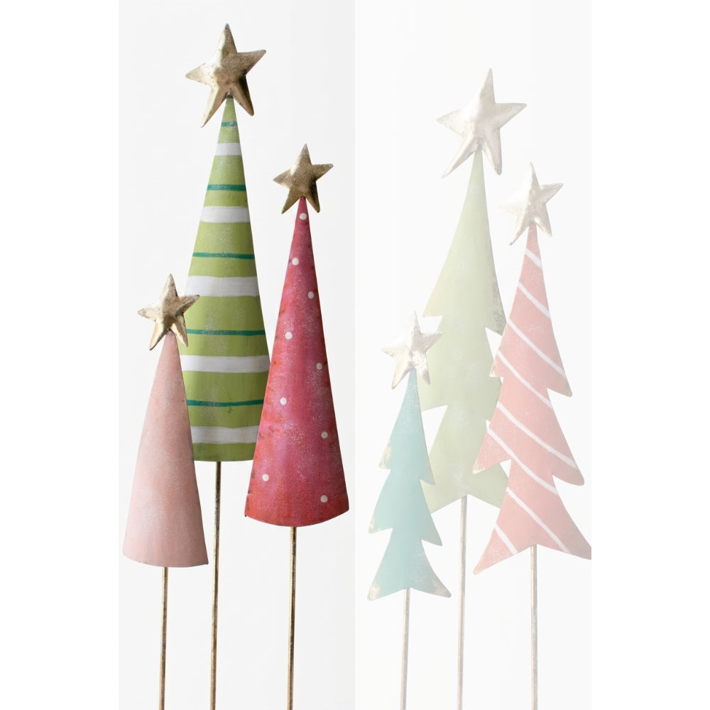 A set of six decorative paper Christmas tree picks on wooden sticks, featuring various pastel patterns and colors including pink, green, red, blue, and light yellow, with metallic gold star toppers.