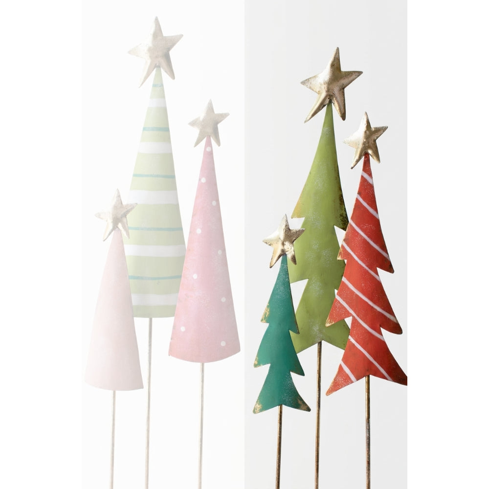 A set of six decorative paper Christmas tree picks on sticks, featuring various colors and patterns including stripes, polka dots, and solid fills in pastel pink, mint green, sage green, teal, and red, with metallic gold star toppers.