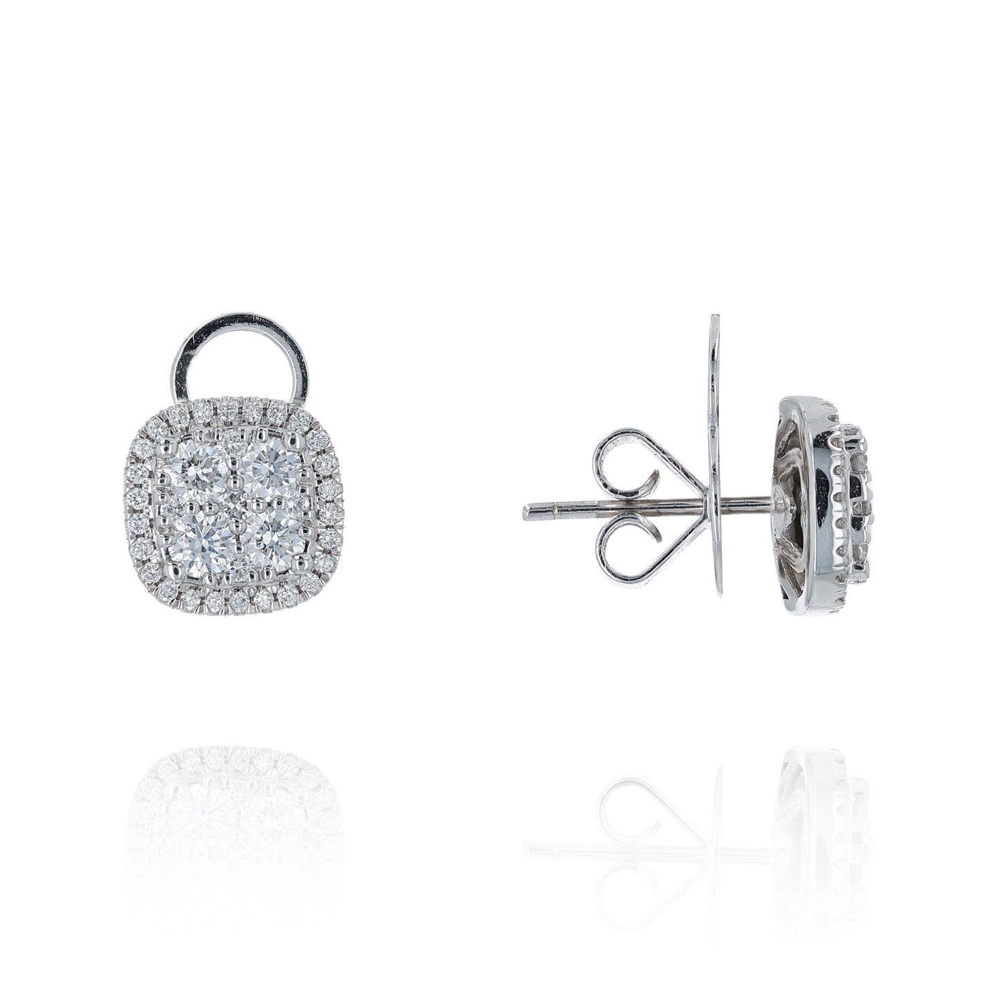 White gold Martin Flyer cushion diamond cluster halo stud earrings on a white background