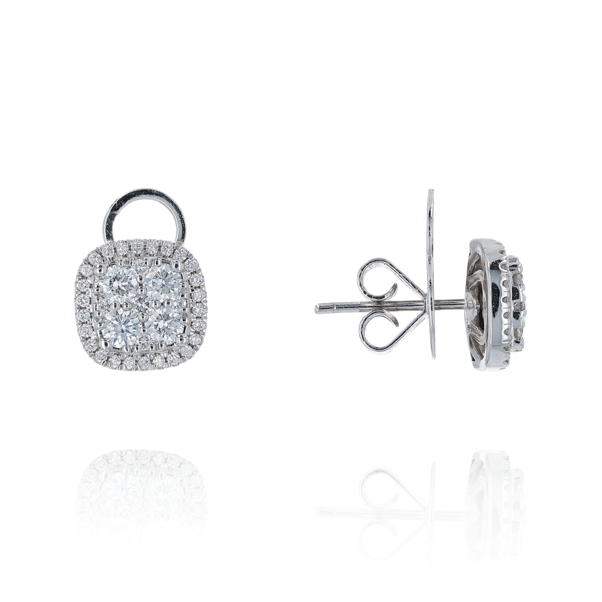 White gold Martin Flyer cushion diamond cluster halo stud earrings on a white background