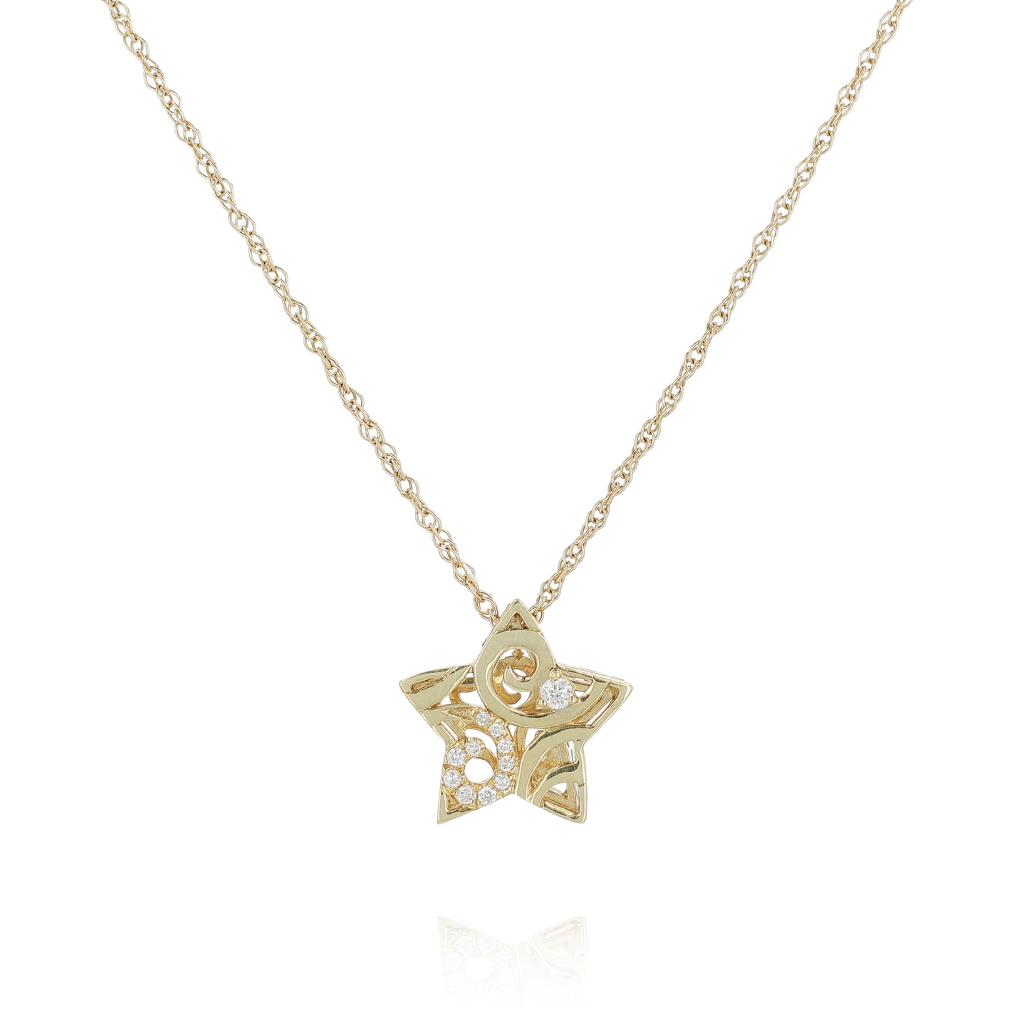 Yellow gold pave diamond swirl design filligree star charm necklace on a white background