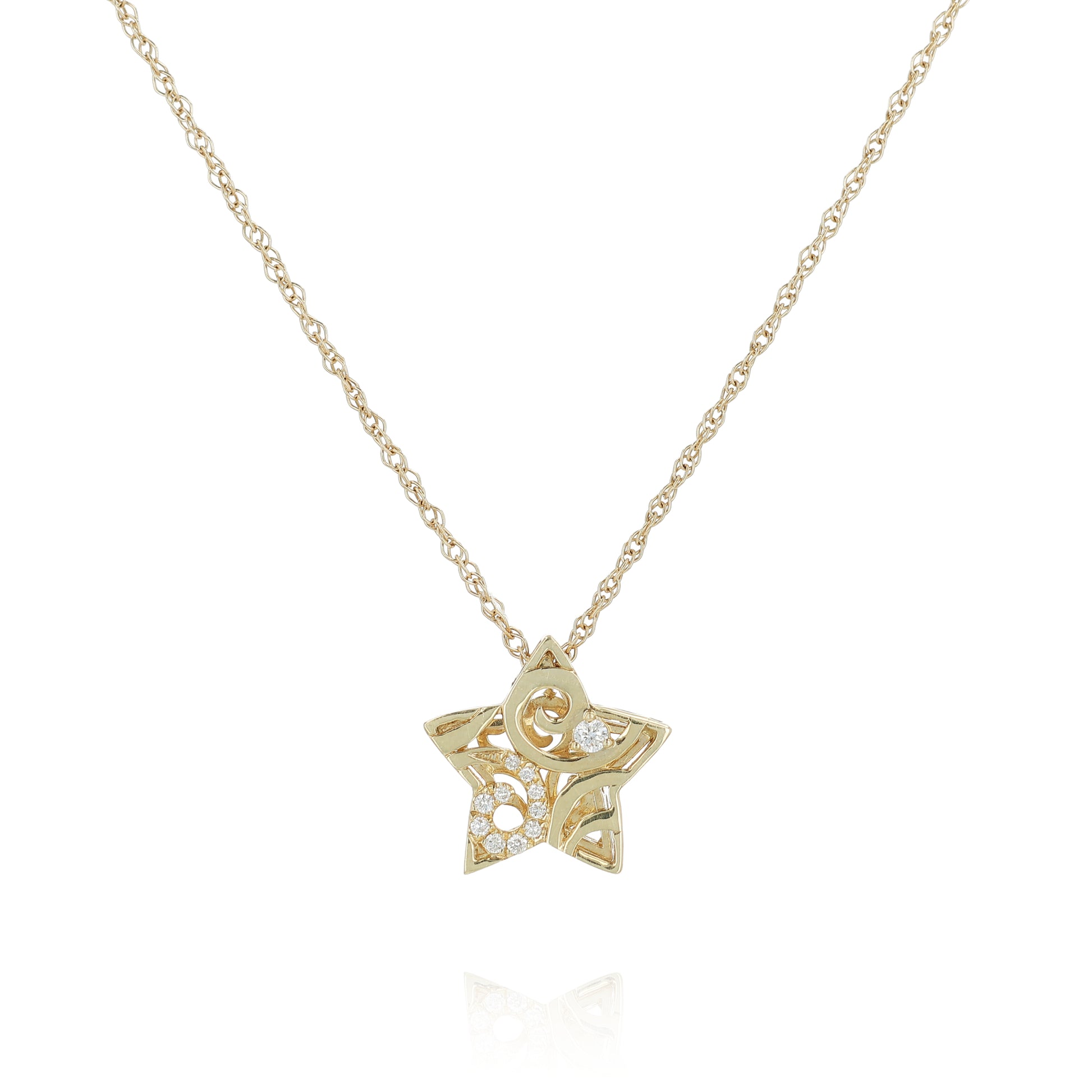 Yellow gold pave diamond swirl design filligree star charm necklace on a white background