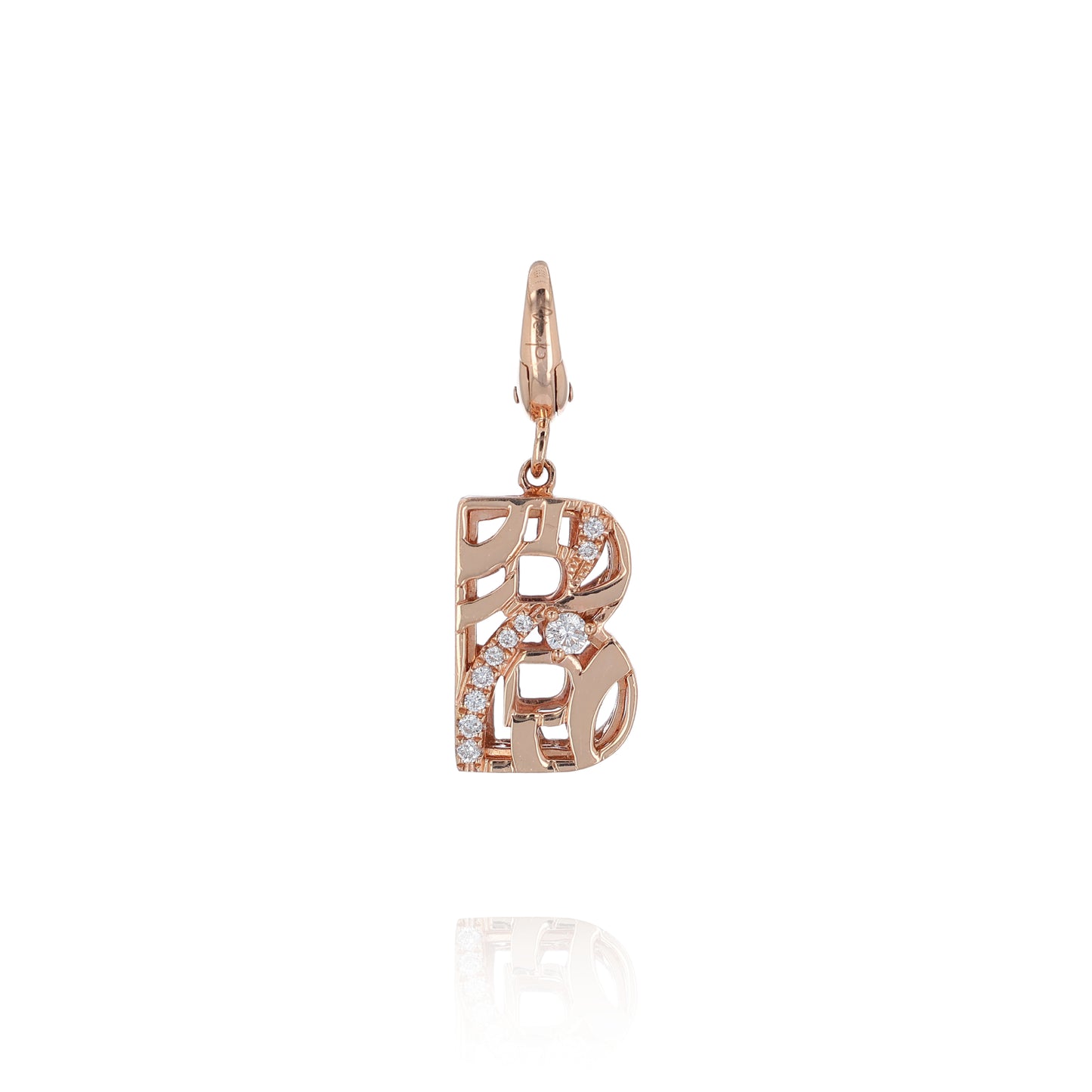 Rose gold filigree design letter "B" diamond charm pendant on a white background