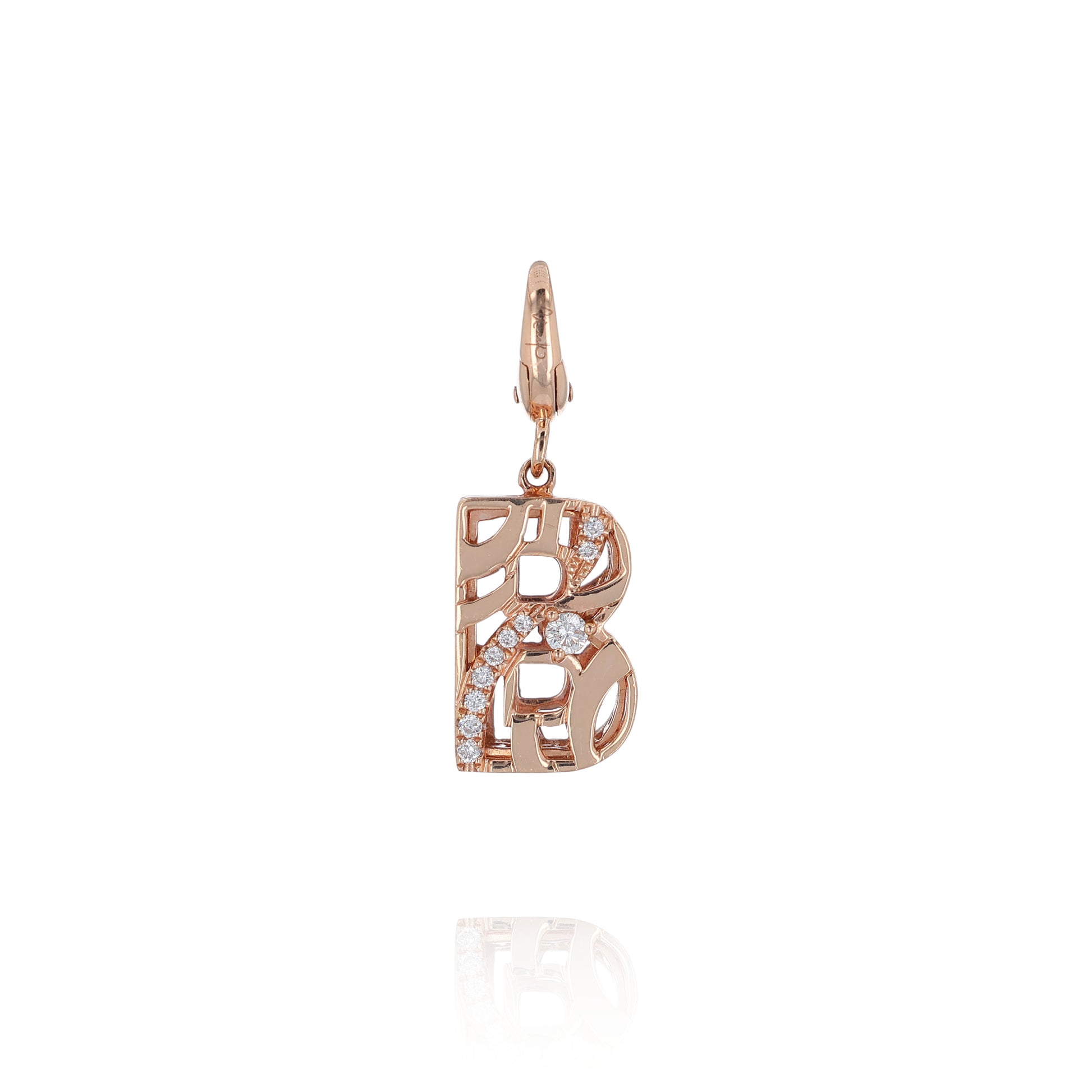 Rose gold filigree design letter "B" diamond charm pendant on a white background