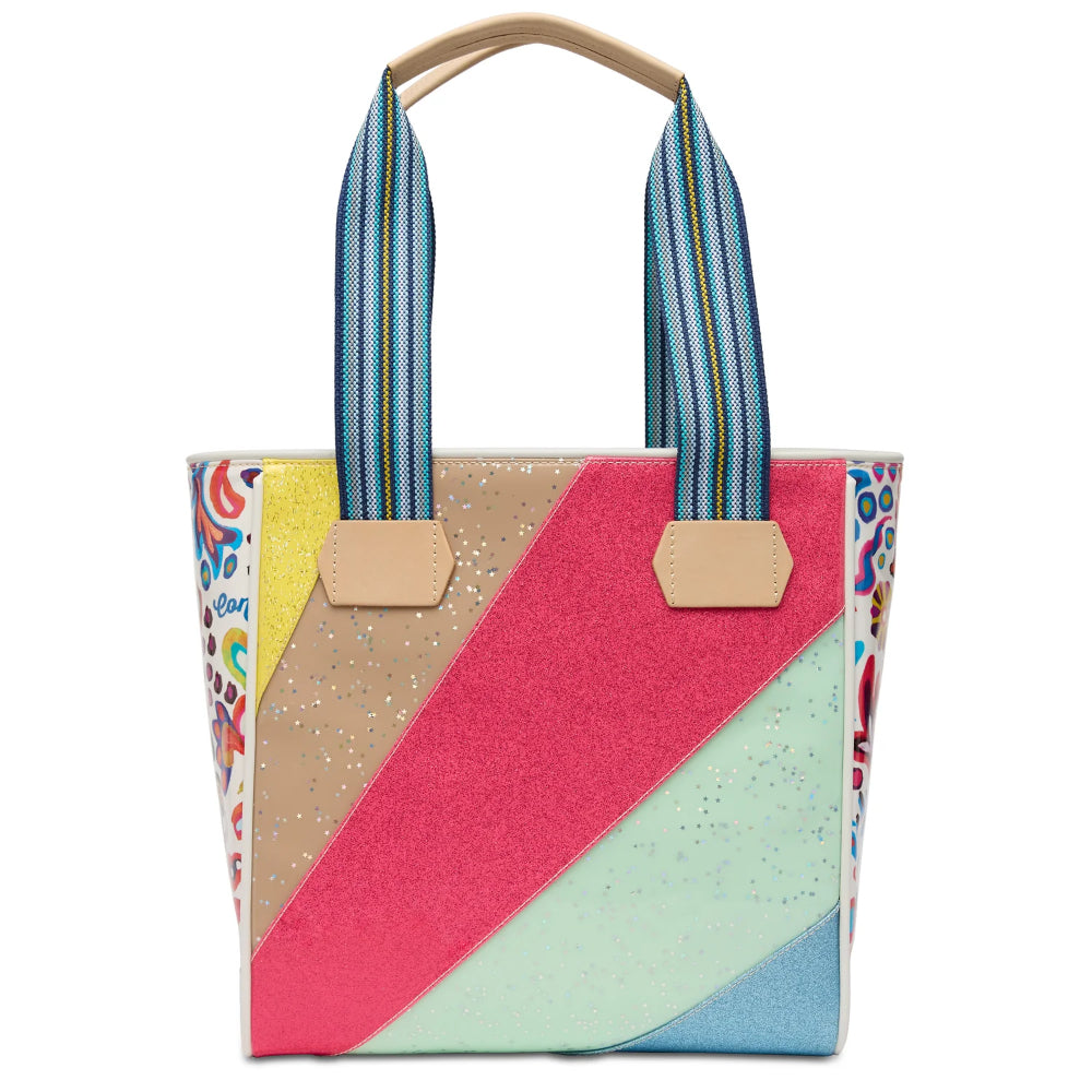 Colorful tote bag with geometric pattern on a white background