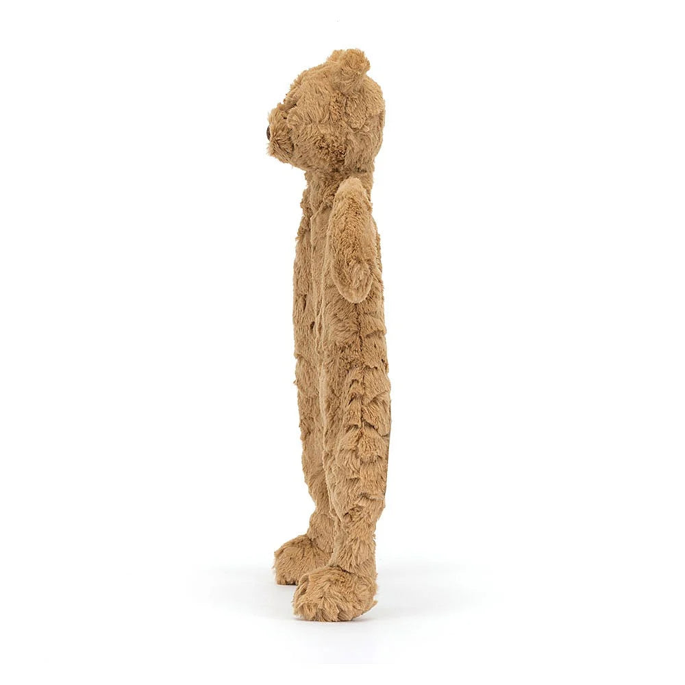 Side of a brown teddy bear plush baby comforter toy on a white background.