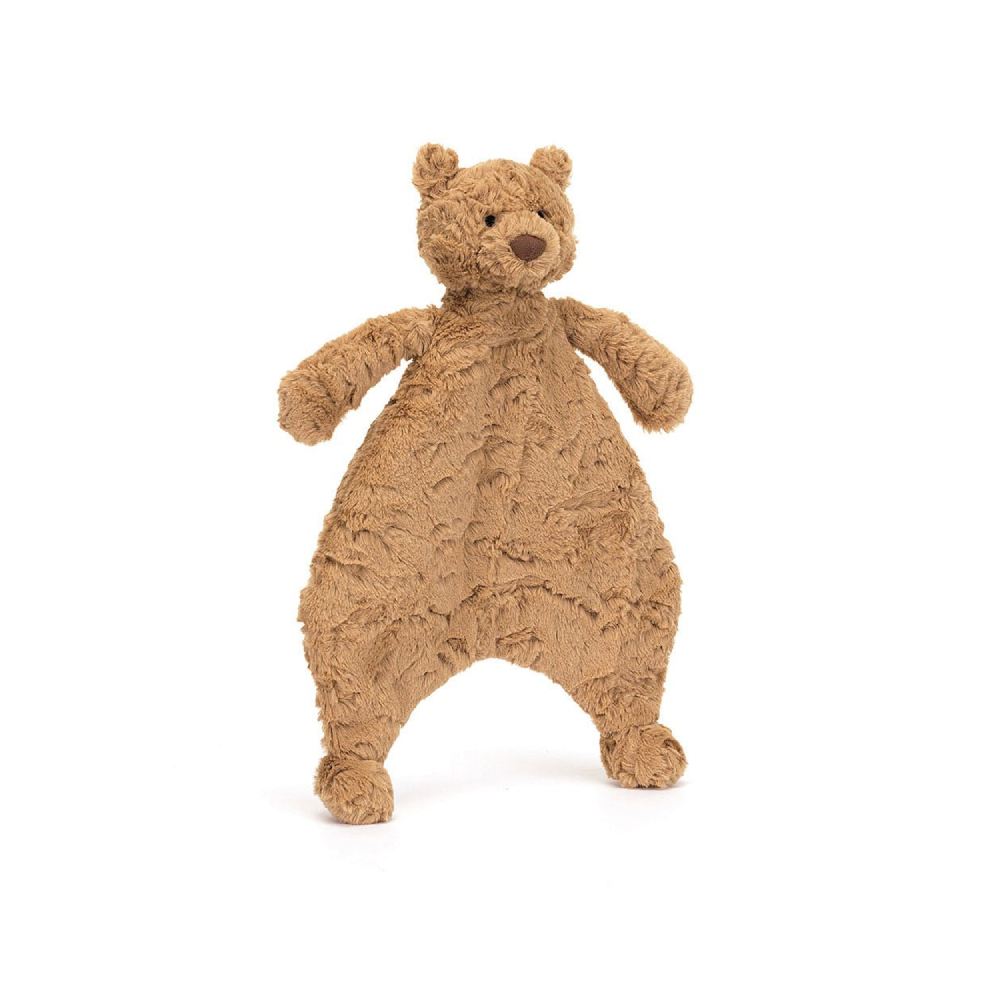 Brown teddy bear plush baby comforter toy on a white background.