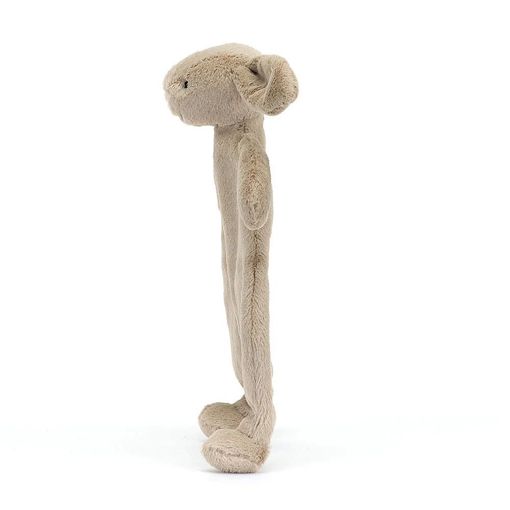 Side of a beige plush bunny baby comforter toy on a white background.