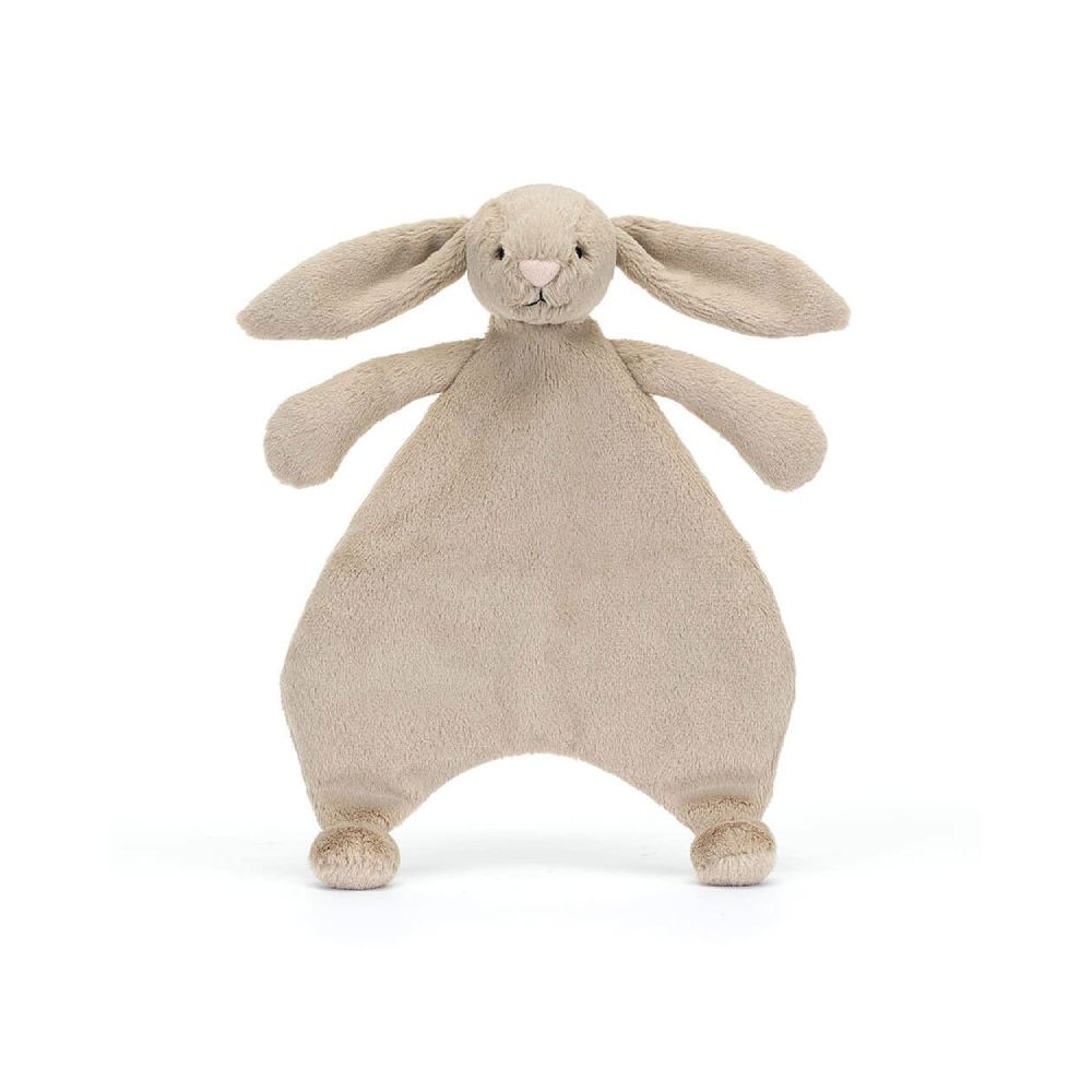Beige plush baby comforter bunny toy on a white background.